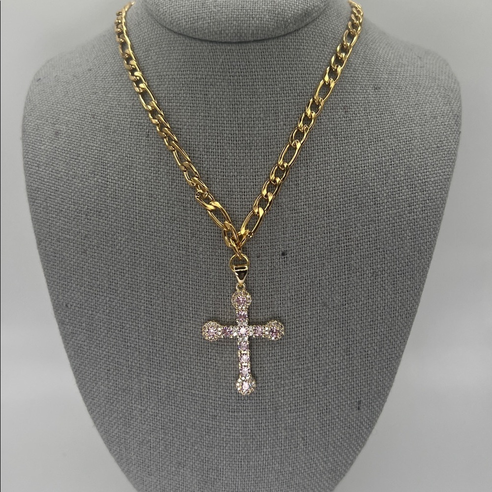 079. 18k Gold Plated Cross Necklace With Pink Crystals 18”